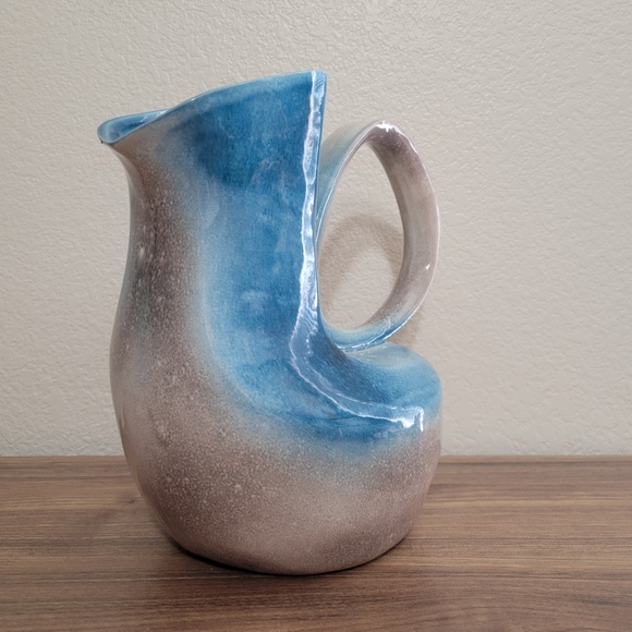 Vintage Studio Art Pottery Vase Blue Gray 9in Pitcher 1960s Bauhaus Design - Picture 2 of 11